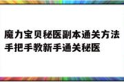 魔力宝贝秘医副本通关方法手把手教新手通关秘医的简单介绍